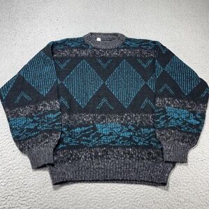 Vintage Kennington Sweater Mens Med Gray Teal Geometric Knit Crewneck Pullover
